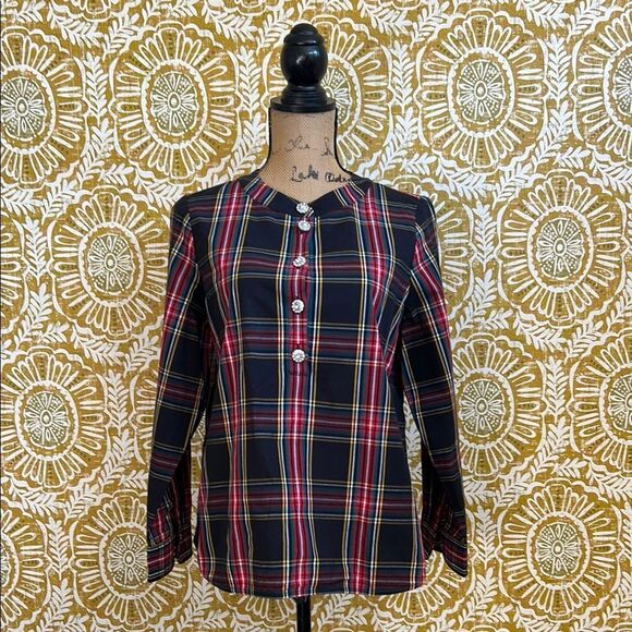 J. Crew Tartan Plaid Cotton Poplin Jewel Buttons Popover Top size S - Picture 5 of 12